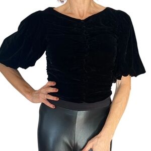 NWOT Zara Women's Black Velvet Top Puff Short Sleeve Sz L